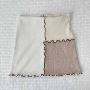 Bershka Color Block Lettuce Edge Mini Skirt in Brown / Cream Size S